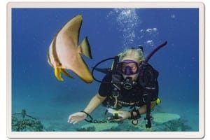 Divemaster Katie with a Batfish at Twins Dive site Koh Tao, Thailand