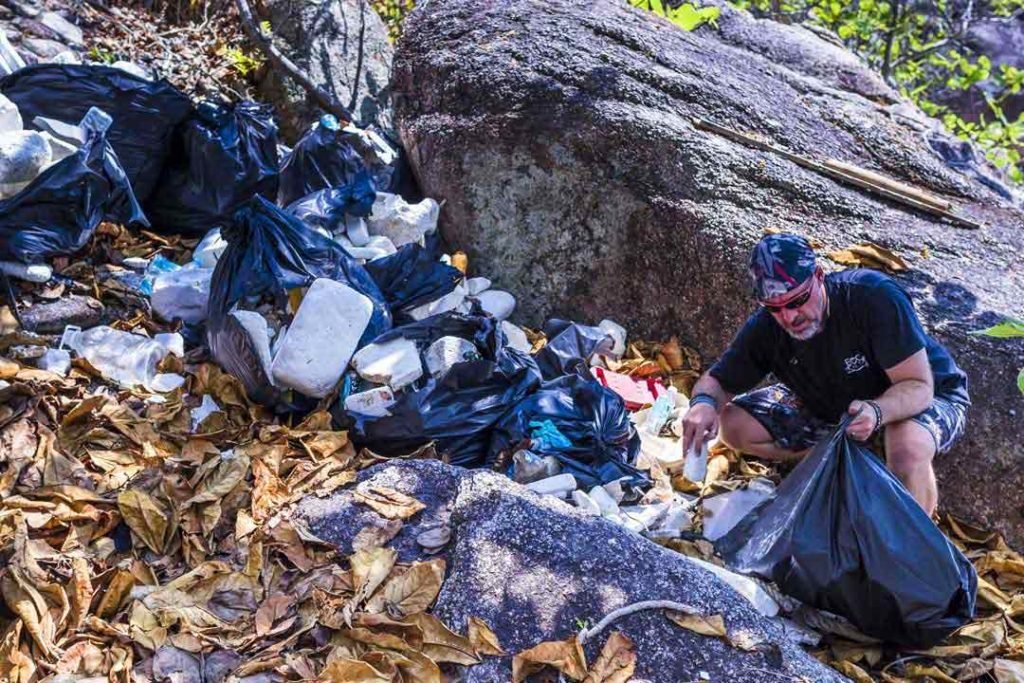 Filling bags with Styrofoam and plastics