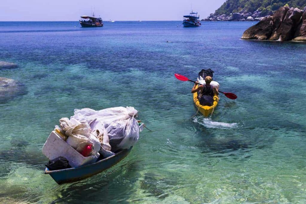 Kayak leaving the beach fully loaded